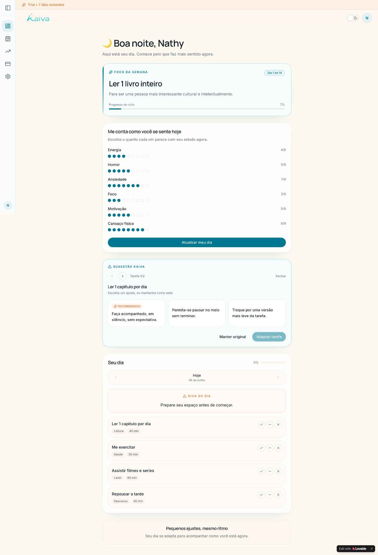 Kaiva no desktop, foco, check-in emocional e adaptação de tarefas