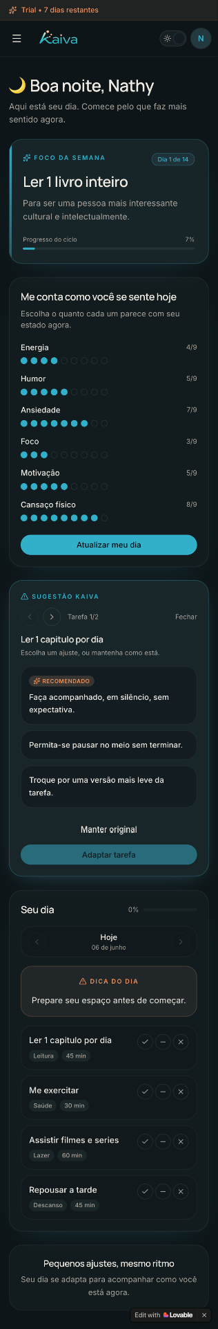 Kaiva no mobile, check-in emocional e adaptação de tarefas